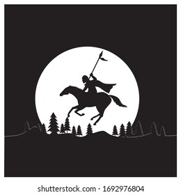 silueta vectorial de caballería. guerrero en la noche, noche y fondo de luna llena.