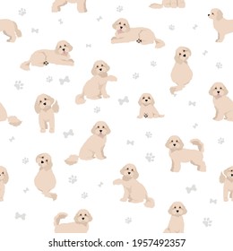 Cavapoo mix breed seamless pattern. Different poses, coat colors set.  Vector illustration