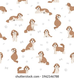 Cavapoo mix breed seamless pattern. Different poses, coat colors set.  Vector illustration