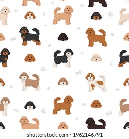 Cavapoo mix breed seamless pattern. Different poses, coat colors set.  Vector illustration