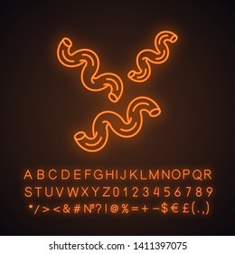 Cavatappi neon light icon. Corkscrew-shaped pasta. Italian macaroni. Curly noodles. Mediterranean, Asian cuisine. Glowing sign with alphabet, numbers and symbols. Vector isolated illustration