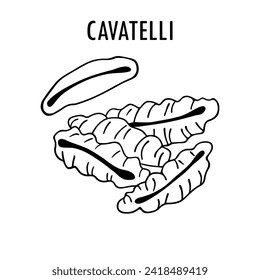 Cavatelli pasta doodle food illustration. Hand drawn graphic print of short macaroni type of Cortecce pasta. Vector line art food ingredient of Italian cuisine