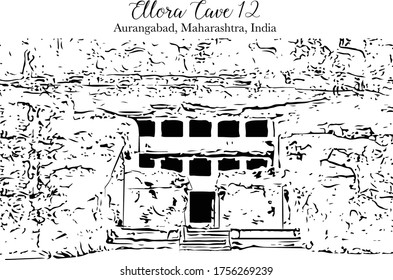Cave 12 facade at the famous Ellora Caves, Aurangabad, Maharashtra, India