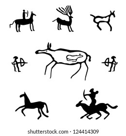 Cave art, ancient wild animals, horses and hunters