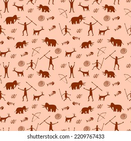 Cave Art. Caveman Hand Pattern. Prehistoric Hunter Theme. African Tribe Primeval Painting. Arrow In Garish Bull. Ancient People Drawing. Paleolithic Background. Vector Seamless Texture