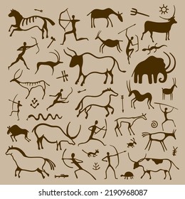 Cave art. Hand drawn primitive ancient symbols of prehistoric hunters animals plants, history and anthropology drawing. Vector isolated set of ethnic history ancient civilization illustration