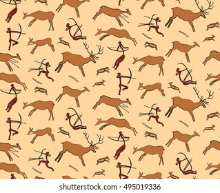 Cave Art Hunting Scene Seamless Vector Background