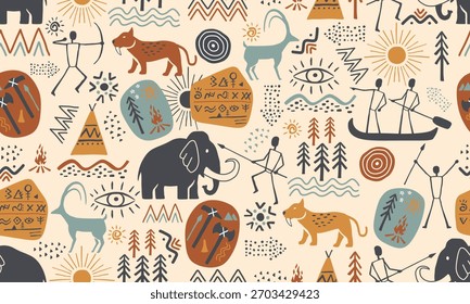 Arte de la cueva Vector prehistórico sin patrón ilustración
