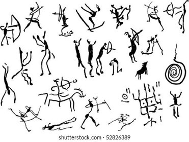 Cave art with Primitive rock painting on white background Image vector