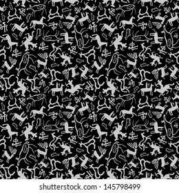 Cave art seamless pattern made of ancient wild animals, horses and hunters