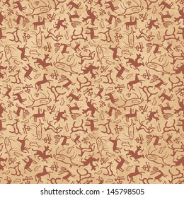 Cave art seamless pattern made of ancient wild animals, horses and hunters