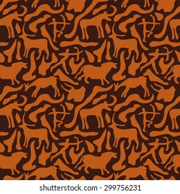 Cave art seamless pattern. Safari collection. African style abstract vector background. Hunting pictures. Red on brown. Backgrounds & textures shop.