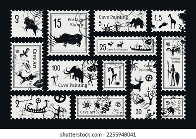 Cave art stamp ancient history painting black grunge vintage postmark set vector illustration. Prehistoric archaeology antique caveman tribal ornament indigenous hunting mail correspondence mark