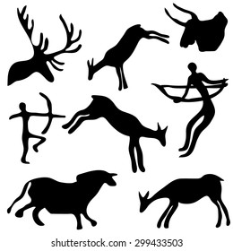 Cave art stylized people and animals silhouettes. Prehistoric era collection. Hunting. Abstract vector pattern. Black on white. Backgrounds & textures shop.