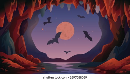 Cave with bats. Night Panoramic vector landscape with flying bats and moon. Vector illustration in flat cartoon style