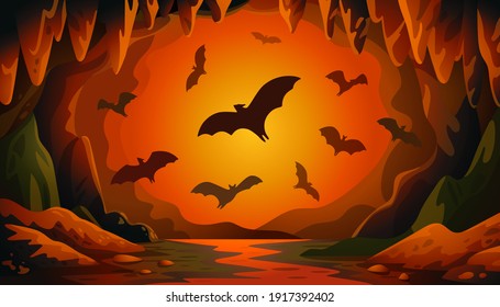 Cave with bats on sunset. Panoramic vector landscape with flying bats and red firelight. Vector illustration in flat cartoon style