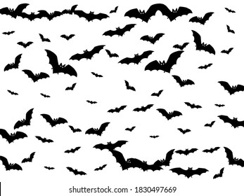 Cave black bats flock isolated on white vector Halloween background. Flittermouse night creatures illustration. Silhouettes of flying bats vampire Halloween symbols on white.