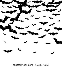 Cave black bats group isolated on white vector Halloween background. Flying fox night creatures illustration. Silhouettes of flying bats traditional Halloween symbols on white.