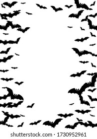 Cave black bats group isolated on white vector Halloween background. Flying fox night creatures illustration. Silhouettes of flying bats traditional Halloween symbols on white.