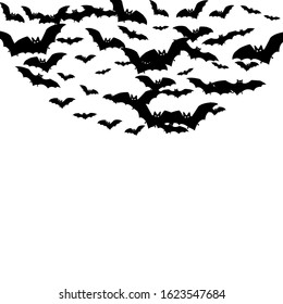 Cave black bats swarm isolated on white vector Halloween background. Rearmouse night creatures illustration. Silhouettes of flying bats vampire Halloween symbols on white.