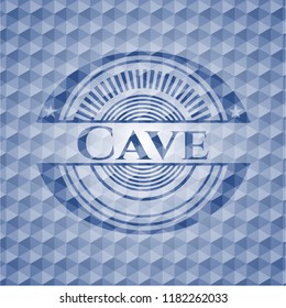 Cave blue badge with geometric pattern background.