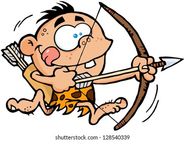 Cave Boy Running With Bow And Arrow