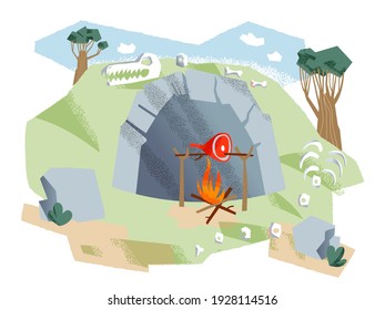 Cave of cavemen with food on fire in Stone Age background. Prehistoric ancient history scene in nature vector illustration. Home of savage people outdoor in summer, skull, bones and stones.