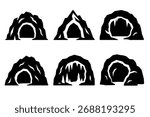 Cave and cavern icon set. Vector black symbols of rock entrances and underground grottos