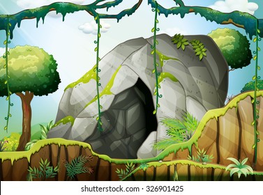 Cave in the deep forest illustration