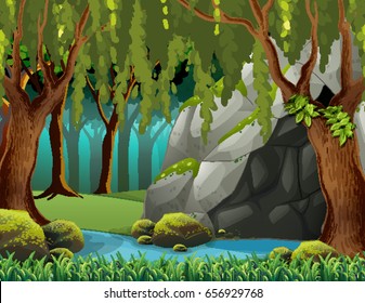 Cave in the deep forest illustration