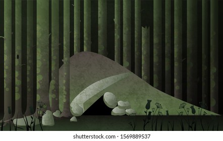 Cave or den in the dark forest. Fairytale vector illustration.