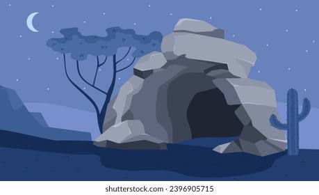 Cave in a desert at night. Vector illustration drawing in cartoon flat style. Entrance in rock. Old passage into cavern to dark underground depths. Located on the sand, next to a tree and a cactus.