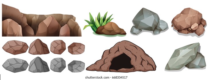 Cave and different shapes of rocks illustration