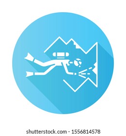 Cave diving blue flat design long shadow glyph icon. Watersport, extreme kind of sport. Exploring undersea wildlife. Summer vacation activity. Underwater world.Vector silhouette illustration