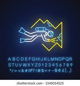 Cave diving neon light icon. Watersport, extreme kind of sport. Exploring undersea nature and wildlife.Glowing sign with alphabet, numbers and symbols. Vector isolated illustration