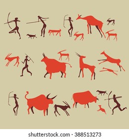 Cave drawing ; Ancient rock-painting stone age illustration vector