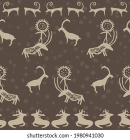 Cave drawing animals goat, sheep,  elk and cow carring a man vector seamless pattern graphic design. Ancient cave art of ox bullock, deer stag, nowt neat, beef animals. Cave painting seamless pattern.