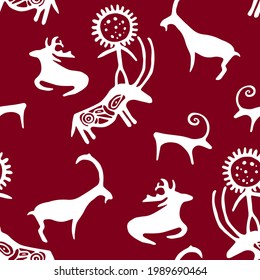 Cave drawing animals goat, sheep,  elk and cow carring a man vector seamless pattern graphic design. Ancient cave art of ox bullock, deer stag, nowt neat, beef animals. Kazakh ornament