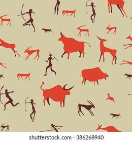 Cave drawing pattern; Ancient rock-painting stone age illustration vector