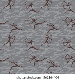 Cave drawing. Seamless pattern with primitive running hunters on gray textured stone background. Eps10