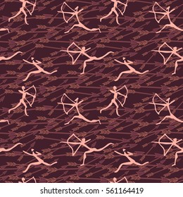 Cave drawing. Seamless pattern with primitive running hunters on siennabackground with arrows. Eps10