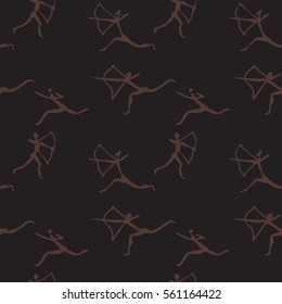 Cave drawing. Seamless pattern with primitive running hunters on black background. Eps10