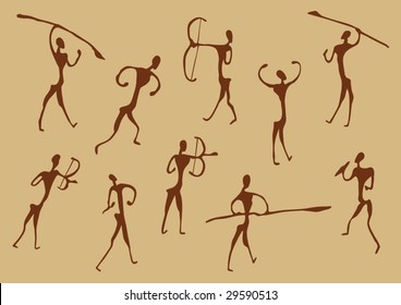 Cave Drawings Of Ancient Hunters, vector silhouettes