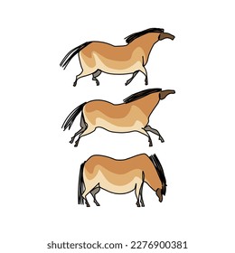 Cave drawings ancient wild horses  Color vector illustration and black contour lines isolated white background in cartoon   flat design 