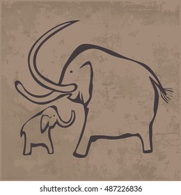 Cave drawings. Mammoth with a baby mammoth.