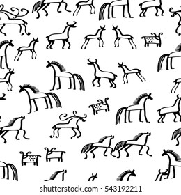Cave drawings, petroglyphs vector seamless pattern. Tribal painting ethnic symbols