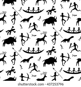 Cave Drawings Vector Seamless Pattern background, black silhouettes of hunting people and wild animals