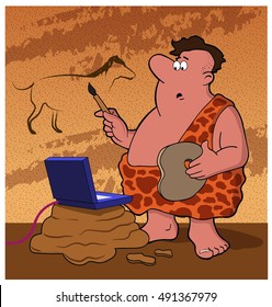 Cave Dude /  A caveman finds inspiration from a laptop computer.