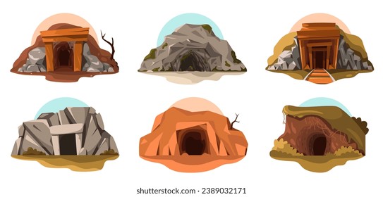 Cave entrance. Cartoon ancient mine with wooden door, prehistoric abandoned cavern with rock ground and dirt. Vector isolated set. Outdoor natural cliffs hole, dark tunnel landscape scene