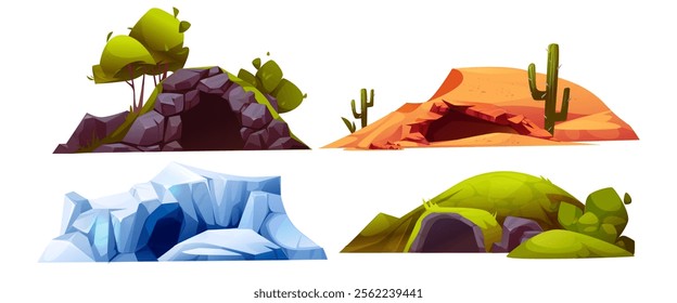 Cave entrance collection in different environments - grassy stone grotto with plants, desert hollow with cactuses, frozen glacial cavern, mossy hillside tunnel. Nature landscape environment design.